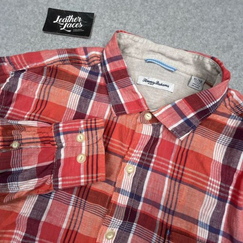 Tommy Bahama Shirt Mens XL Extra Large‎ Orange Red Plaid 100% Linen Long Sleeve
